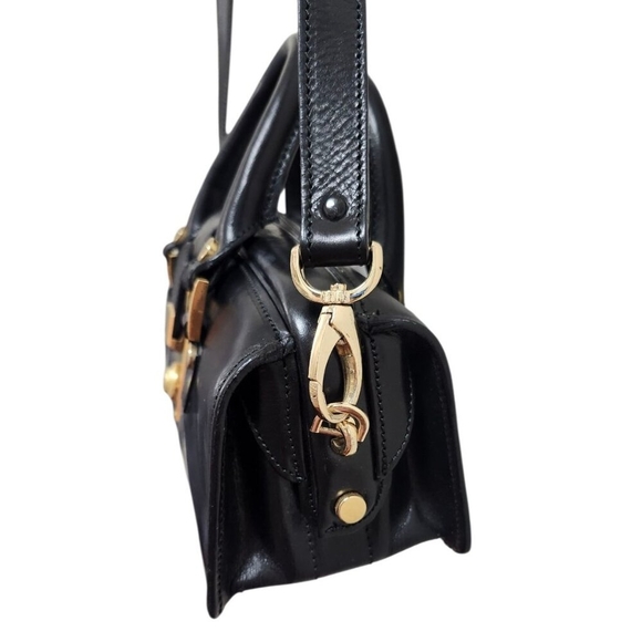 Francesco Rogani Black Leather Structured Handbag Gold Hardware Top Handle - Picture 6 of 15